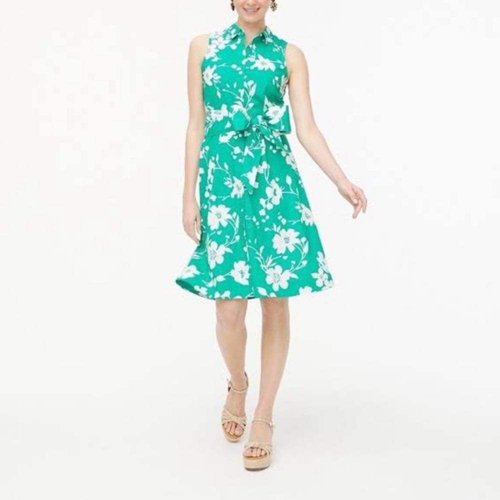 J crew green floral button sleeveless belt dress